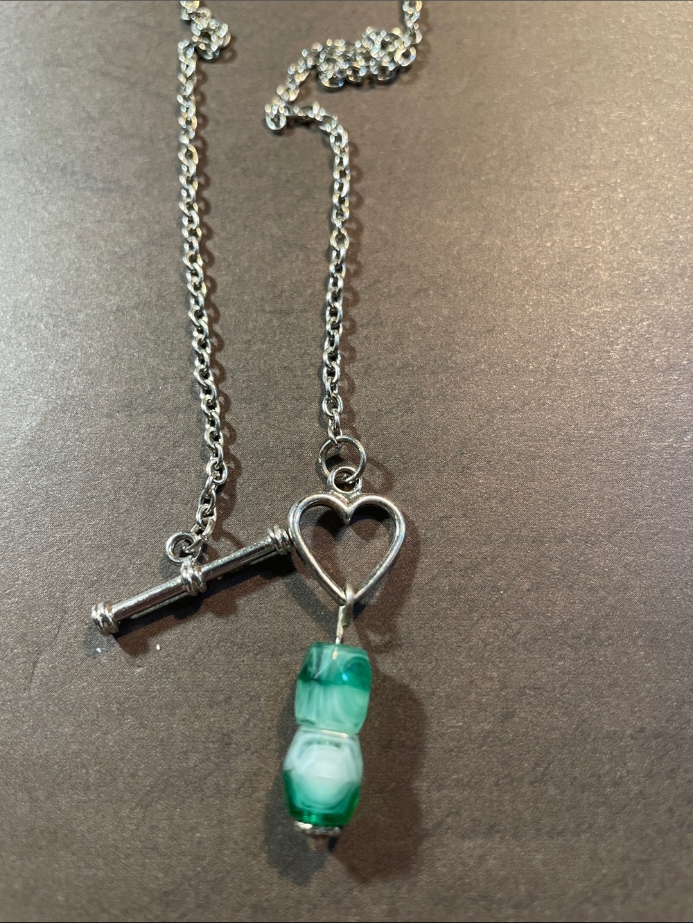 Silver Heart Toggle Necklace with White, Green Swirling Glass Beads
